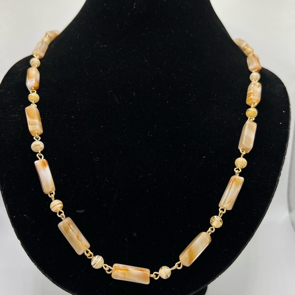 Vintage Gold Tone Brown Cream Marbled Glass Necklace Cylinder Bead Agate - Picture 2 of 4